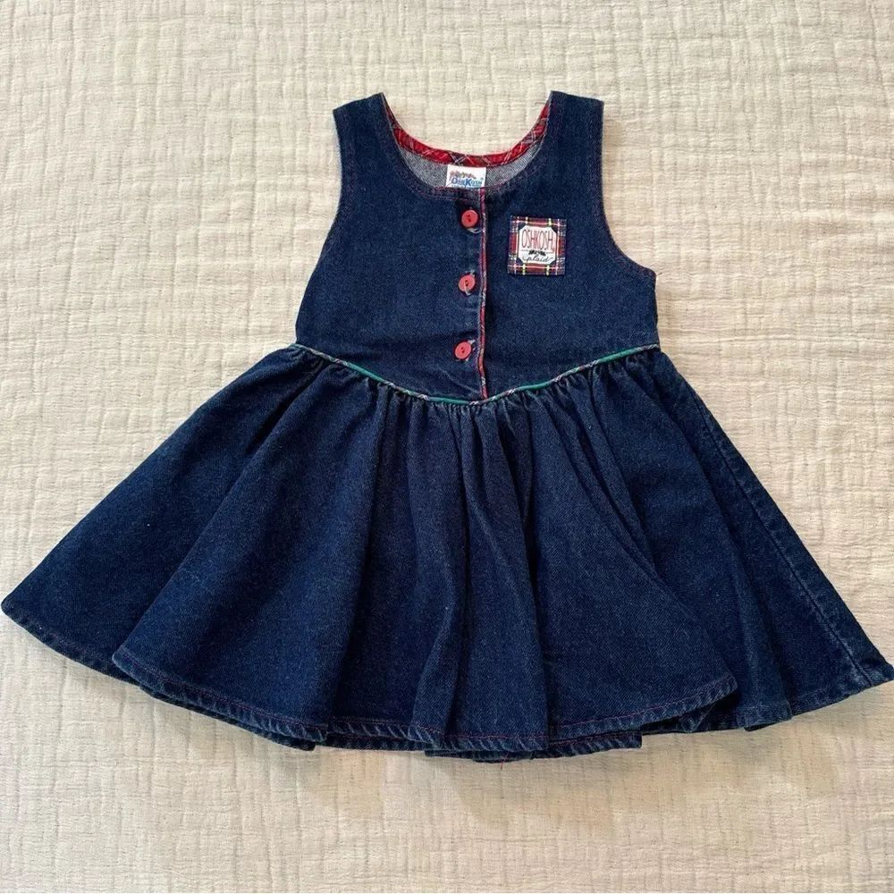 VTG Oshkosh Girls 4 Denim Jumper Overall Dress Blue Red Plaid Christmas USA